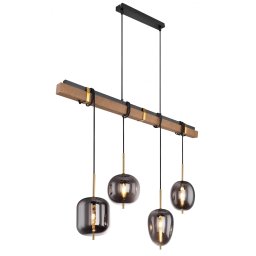 Suspensie globuri Blacky 15345-4H, 4xE14, L:100 cm, metal alamă, lemn maro, sticlă fumurie