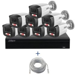 Kit supraveghere IP Dahua 8 camere 4MP Microfon PoE lentila 2.8mm IR 30m Lumina alba 30m, NVR WizSense 8 canale PoE 12MP si cablu UTP CAT5 20m