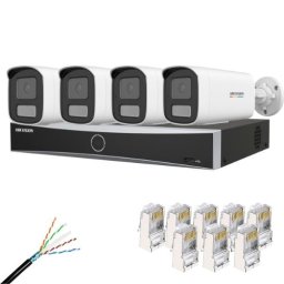 Kit supraveghere IP Hikvision 4 camere IP 4MP Lentila 4mm IR 50m Lumina Alba 50m Microfon, NVR 4 Canale PoE 12MP, Cablu CAT6 FTP Si Mufe