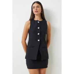 Happiness İstanbul Women's Black Sleeveless Vest Mini Skirt Woven Suit