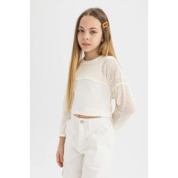 DEFACTO Girl's Relax Fit Crew Neck Ribbed Long Sleeve T-Shirt