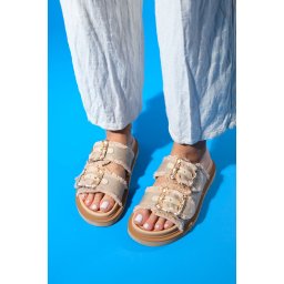 LuviShoes HARMONY Beige Gold Buckle Double Strap Women's Slippers