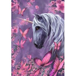 Tablou GM141 Unicorn printre fluturi, Pictura cu Diamante, Goblen cu pietre 5D, cu rama de lemn, 40 x 50 cm