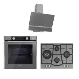Cuptor Pachet incorporabil Studio Casa Plane Elegance Aqua Cooking, Cuptor electric sticla gri, Plita gaz 70 cm sticla gri, Hota decorativa sticla gri, 10 functii, Grill, Rotisor, Coacere asistata cu abur, Sticla gri / Inox