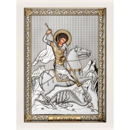 Icoana argintata Sfantul Gheorghe rama alba (Dimensiune icoana: 21,5 x 28,5 cm)