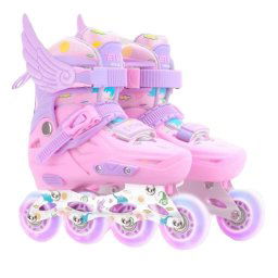 Role copii 2 in 1, Angel Wings, cu casca, cotiere si genunchiere, masuri reglabile 35-38 roz M