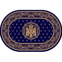 Covor Oval Model Bisericesc Lotos 15077-810, Imprimeu cu Vultur Bicefal, Marime 200 x 300 cm, Albastru, Inaltime Fir 8 mm, Antialergic, Polipropilena, Manastire, Biserica, Altar, Naos, Pronaos, Capela