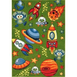 Covor Camera Copii Model Cosmos 11200-130, Marime 200 x 300 cm, Verde, Inaltime Fir 9 mm, Antialergic, Polipropilena, Gradinita, Cresa, Loc de Joaca