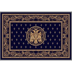Covor Model Bisericesc Lotos 15077-810, Imprimeu cu Vultur Bicefal, Marime 250 x 350 cm, Albastru, Inaltime Fir 8 mm, Antialergic, Polipropilena, Manastire, Biserica, Altar, Naos, Pronaos, Capela
