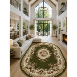 Covor Oval Lotos 575-310, Marime 100 x 300 cm, Crem, Verde, Inaltime Fir 8 mm, Antialergic, Polipropilena, Living, Dormitor, Sufragerie, Birou