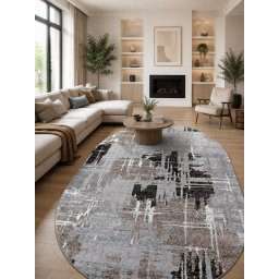 Covor Oval Mira 24037-123, Marime 120 x 170 cm, Gri, Maro, Inaltime Fir 6 mm, Antialergic, Polipropilena, Living, Dormitor, Sufragerie, Birou
