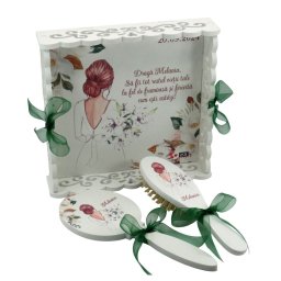 Set gatit mireasa, White Flowers, tavita dantelata personalizata, 3 piese - ILIF409007