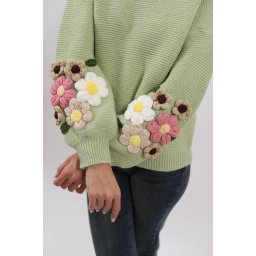 PULOVER TRICOTAT CU APLICATII FLORI ABRAMO TALIE UNICA Verde Menta