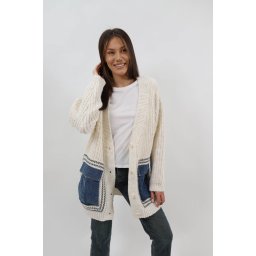 CARDIGAN MIDI TRICOTAT CU BUZUNARE DENIM OVERSIZE ALARA TALIE UNICA Ivory