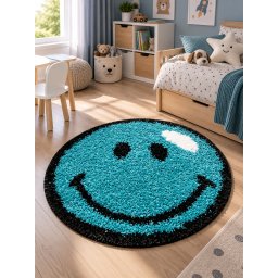 Covor Rotund Camera Copii Smile 12003-140, Marime 67 x 67 cm, Albastru, Inaltime Fir 30 mm, Antialergic, Polipropilena, Gradinita, Cresa, Loc de Joaca