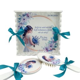 Set gatit mireasa, Albastru Azur, tavita dantelata personalizata, 3 piese - ALIF409008