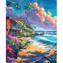 Set goblen cu diamante, cu sasiu, Case pe malul marii, 40x50 cm