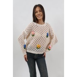 PULOVER CU DECUPAJ TRICOTAT FLORI IN RELIEF VALI TALIE UNICA Ivory