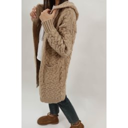 CARDIGAN LUNG DIN TRICOT GROS CU GLUGA SI BUZUNARE ALETTA TALIE UNICA Camel