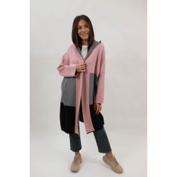 CARDIGAN LUNG DIN TRICOT CU GLUGA IN BLOCURI BYANCA TALIE UNICA Roz