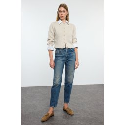 Trendyol Dark Blue Faded Effect Vintage High Waist Slim Mom Jeans
