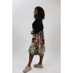 ROCHIE OVERSIZE DIN BUMBAC ASIMETRICA CU MANECA LUNGA SI TUL ABSTRACT FACE TALIE UNICA Multicolora