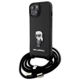 Husa Karl Lagerfeld Crossbody Saffiano Monogram Metal Pin Karl & Choupette Case for iPhone 15 - Black