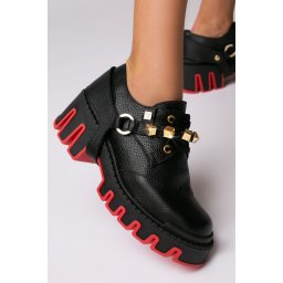 Pantofi Dorian cu accesoriu detasabil, culoare negru cu auriu si talpa rosie