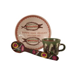 Pachet ceramica de Horezu, ceasca smaltuita diverse culori si lingura din lemn
