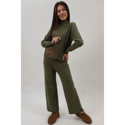COMPLEU DIN TRICOT 3 PIESE PANTALONI CARDIGAN SCURT TRICOU FARA MANECA ANNE TALIE UNICA Kaki
