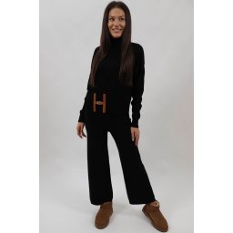 COMPLEU DIN TRICOT 3 PIESE PANTALONI CARDIGAN SCURT TRICOU FARA MANECA ANNE TALIE UNICA Negru