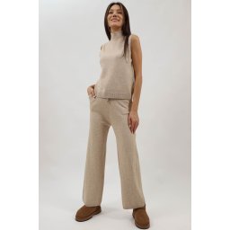 COMPLEU DIN TRICOT 3 PIESE PANTALONI CARDIGAN SCURT TRICOU FARA MANECA ANNE Bej TALIE UNICA