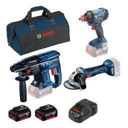 Kit 3 scule 18V: Ciocan rotopercutor GBH 180-LI + Polizor unghiular GWS 180-LI + Masina de gaurit cu percutie GDX 180-LI + 2 x acumulatori Li-Ion, 5 Ah + incarcator rapid GAL 1880 CV + Geanta textil mediu
