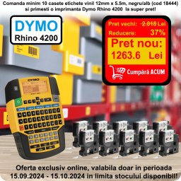 Kit complet imprimanta industriala DYMO Rhino 4200 cu 10 casete originale de etichete vinil 12 mm negru pe alb, gata de utilizare S0955990 ID10