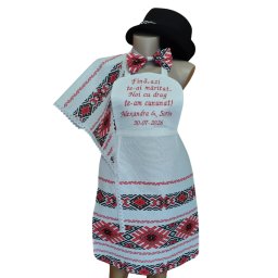 Set dezgatit mireasa 4 piese, model alb cu motive traditionale Personalizat, palarie neagra si marama - ODIS003