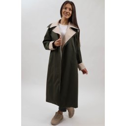 TRENCI LUNG BICOLOR TIP CAPOT CU BUZUNARE SI CORDON IN TALIE OXANA Kaki S-M