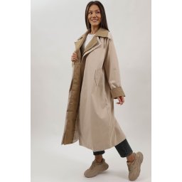 TRENCI LUNG BICOLOR TIP CAPOT CU BUZUNARE SI CORDON IN TALIE OXANA Bej S-M