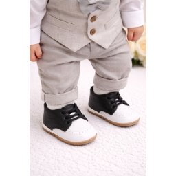 Pantofiori albi cu negru cu sireturi din elastic pentru baietei