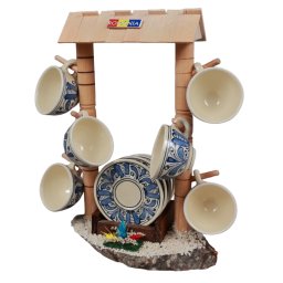 Suport poarta din lemn si set de 6 cesti cu farfurie ceramica Corund - albastru