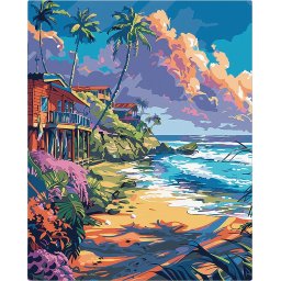 Set pictura pe numere, cu sasiu, Case pe malul marii, 40x50 cm