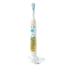 Periuta electrica sonica Philips Sonicare Kids HX3601/01, 2 intensitati, conectivitate la aplicatie, 1 capat de periere, aplicatie de consiliere, stickere, Alb/Bleu