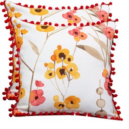 Set 2 perne decorative cu fata detasabila, Hiko Fantasy flori cu pom pom rosu 2x40x40cm