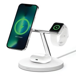 Incarcator Wireless 3-in-1 Belkin Boost Charge Pro, 15W, MagSafe, Stand, AirPods, Apple Watch + Adaptor AC, Alb
