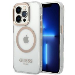 Husa Husa telefon Guess pentru iPhone 14 Pro, Transparent MagSafe, Plastic, Auriu