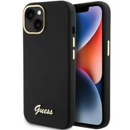Husa silicon Script Metal Logo & Frame pentru iPhone 15 – negru