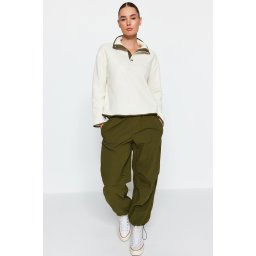 Trendyol Beige High Neck Snap Fastener Regular/Regular Fit With Pocket Color Block Fleece Knitted Sweatshirt