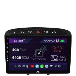 Navigatie Peugeot 308 408 (2008-2013), Android 13, A-Octacore 4GB RAM + 64GB ROM, 9 Inch - AD-BGA9004+AD-BGRKIT265