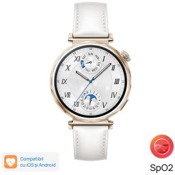 Smartwatch Watch GT 5, 41MM, Pale Gold Stainless Steel Case, White Composite Leather Strap