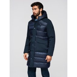 Ombre Men's quilted long jacket with large pockets - navy blue