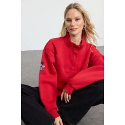 Trendyol Dark Red Thick Inside Fleece Embroidered High Collar Oversize/Wide Cut Knitted Sweatshirt